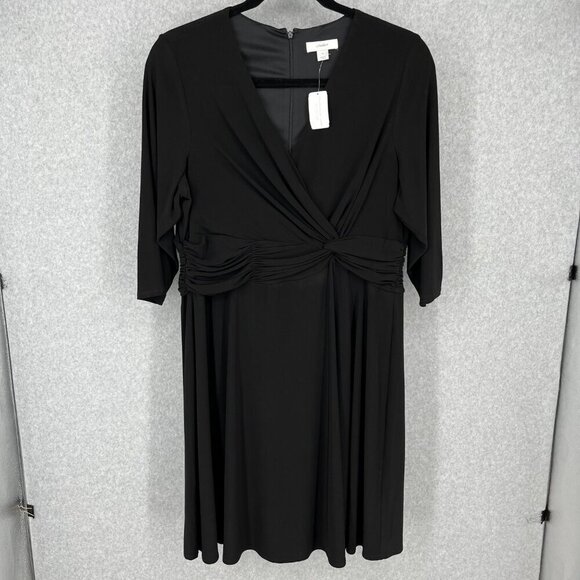 CJ Banks Faux Wrap Dress Size 1X Black Ruched Waist Half Sleeve Stretch Knit NEW - Picture 1 of 13